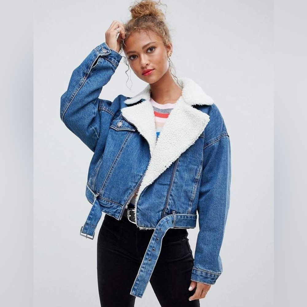 Pull & Bear Denim Shearling Moto Jacket